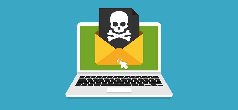 Illustration showing laptop with envelope being clicked on that contins a virus