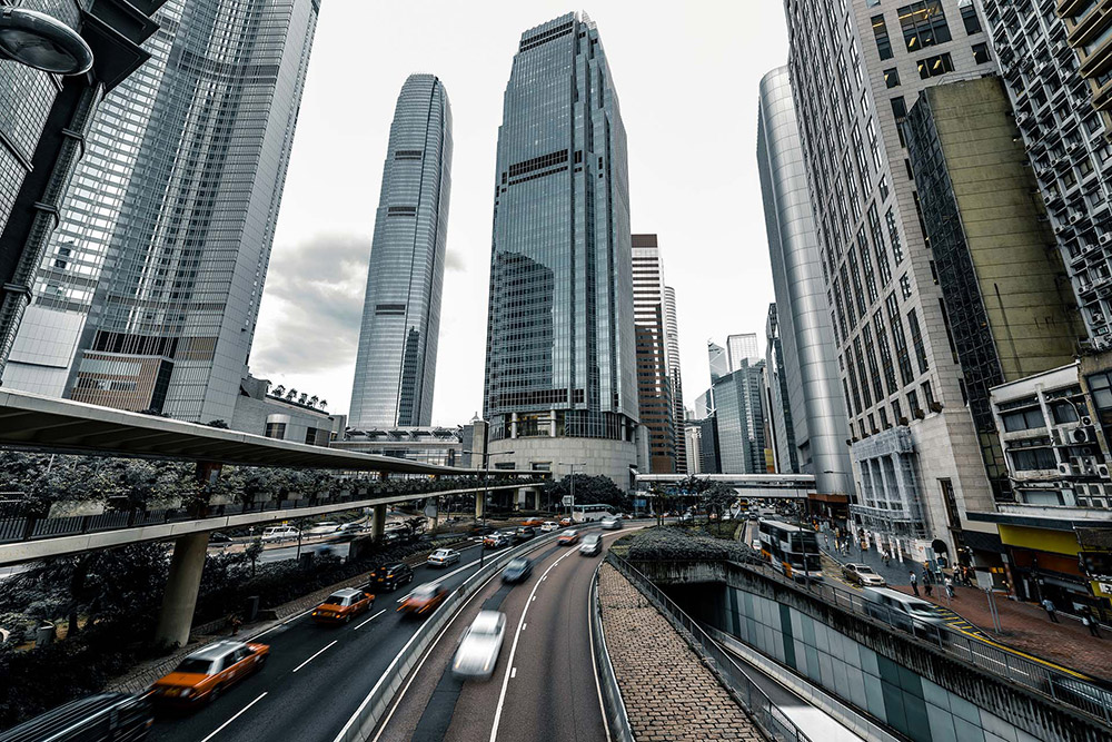 View of busy freeway running through major city