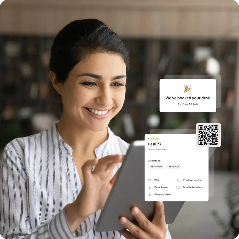 Female using smart phone with service request app displaying