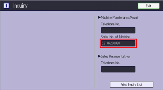 The machine serial number is displayed