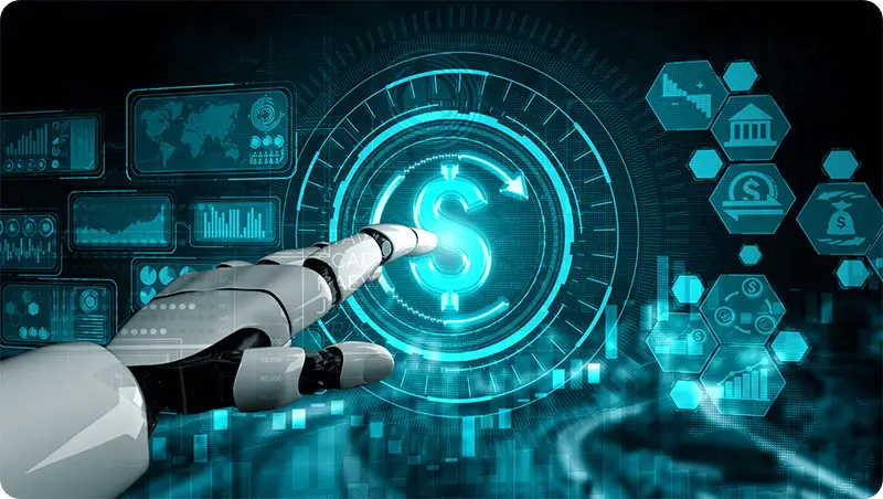 Concept image of robotic hand pressing digital dollar sign