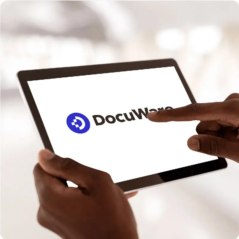 Person using tablet clicks Docuware logo