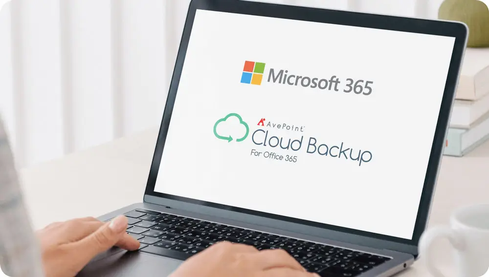 Concept of laptop screen showing Microsoft 365 and AvePoint Cloud Backup icons